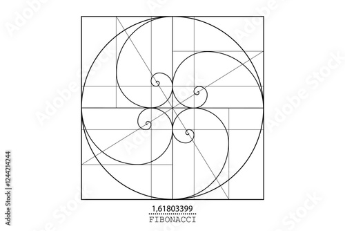 Fibonacci Sequence Spirals. Golden ratio. Geometric shapes spiral in golden proportion, minimalist line art design. Vector circular Logo icon isolated on white background
