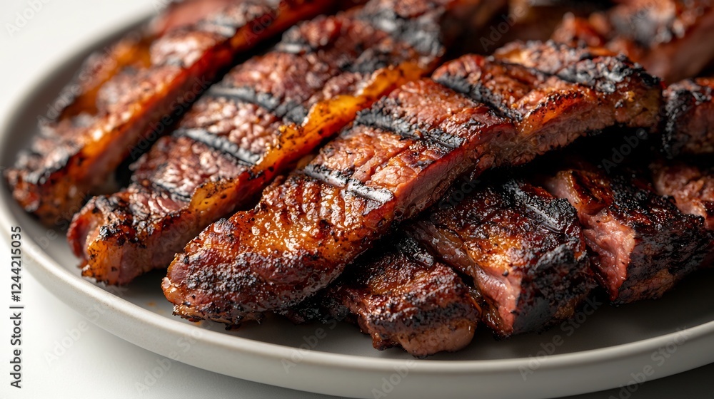 Close-Up of Freshly Grilled Bacon Strips on a Gray Plate Close-Up of Freshly Grilled Bacon Strips on a Gray Plate