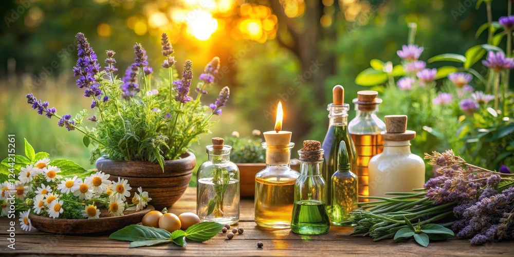Herbal Essence Bottles with Lavender and Flowers During Sunset Herbal Essence Bottles with Lavender and Flowers During Sunset