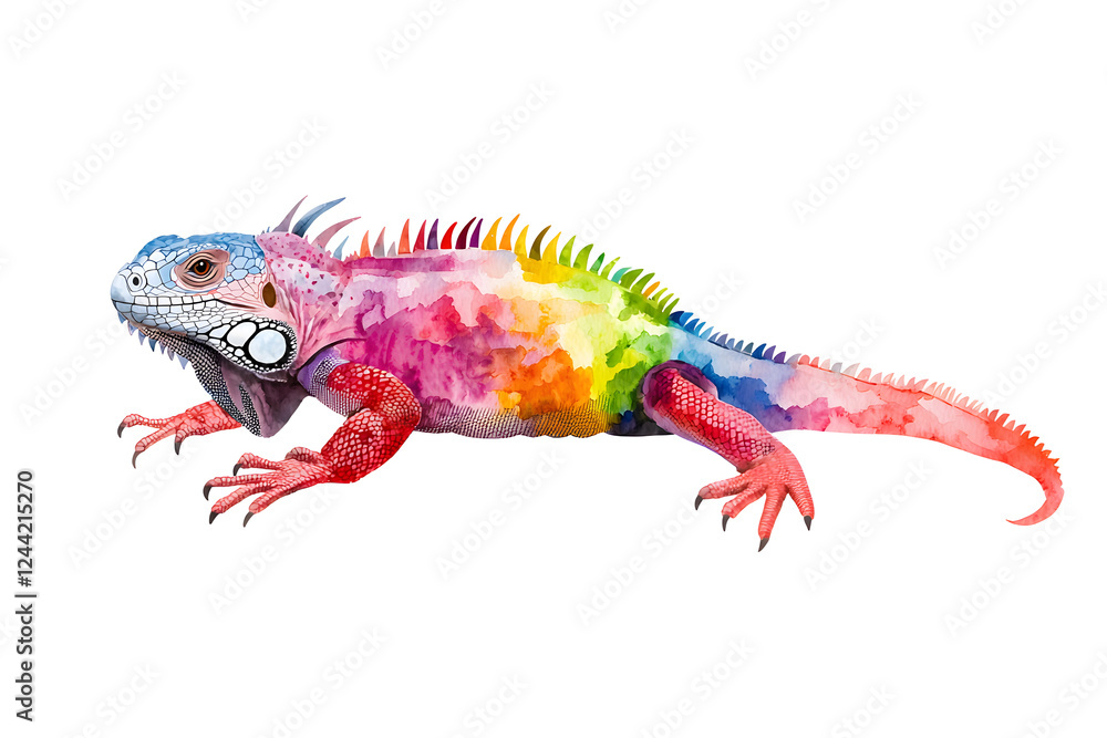 Fototapeta premium Rainbow color reptilian Iguana sitting on white backdrop