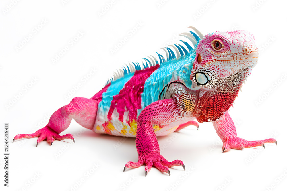 Obraz premium Rainbow color reptilian Iguana sitting on white backdrop