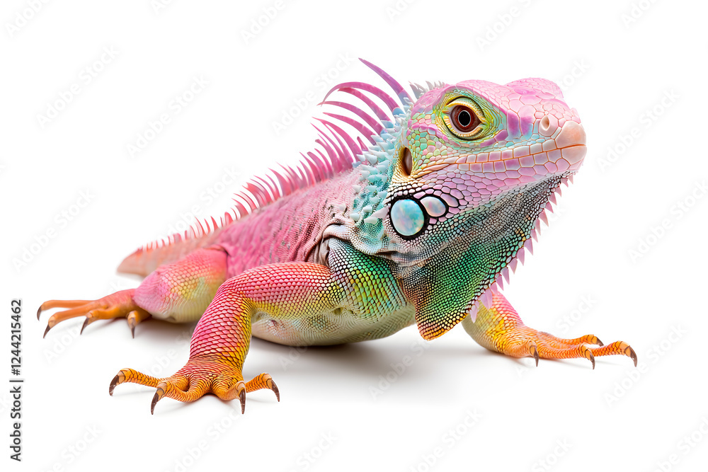 Rainbow color reptilian Iguana sitting on white backdrop Rainbow color reptilian Iguana sitting on white backdrop