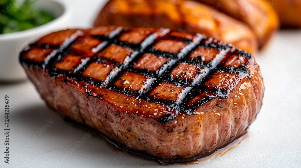 Close Up of Grilled Bacon with Crispy Edges on White Background Close Up of Grilled Bacon with Crispy Edges on White Background