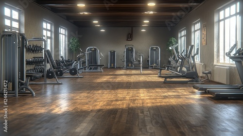 Empty gym fitness center workout machines wood floor sunlight photo