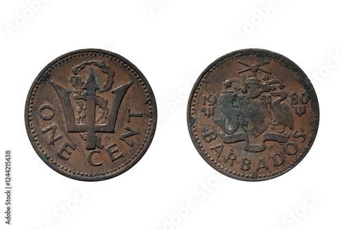 1 Cent 1980 coin. Coin of Barbados. Coin 1 cent 1980 Obverse and Reverse on white background. The national arms of Barbados dividing the date