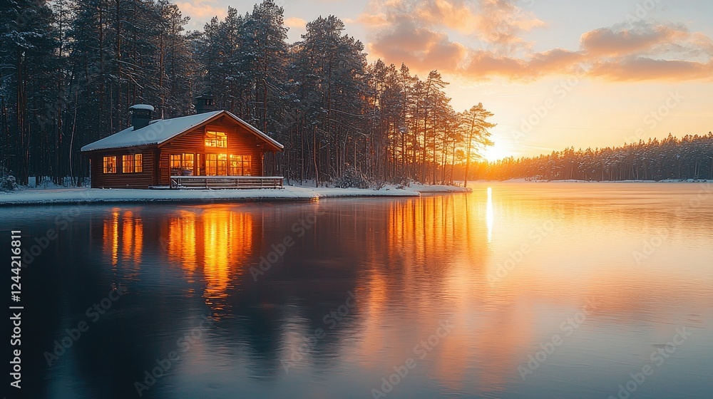 Fototapeta premium Illuminated Cabin Beside Frozen Lake at Sunset
