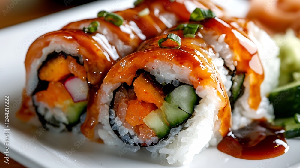 Close-Up of Salmon Sushi Rolls with Soy Sauce Glaze Close-Up of Salmon Sushi Rolls with Soy Sauce Glaze