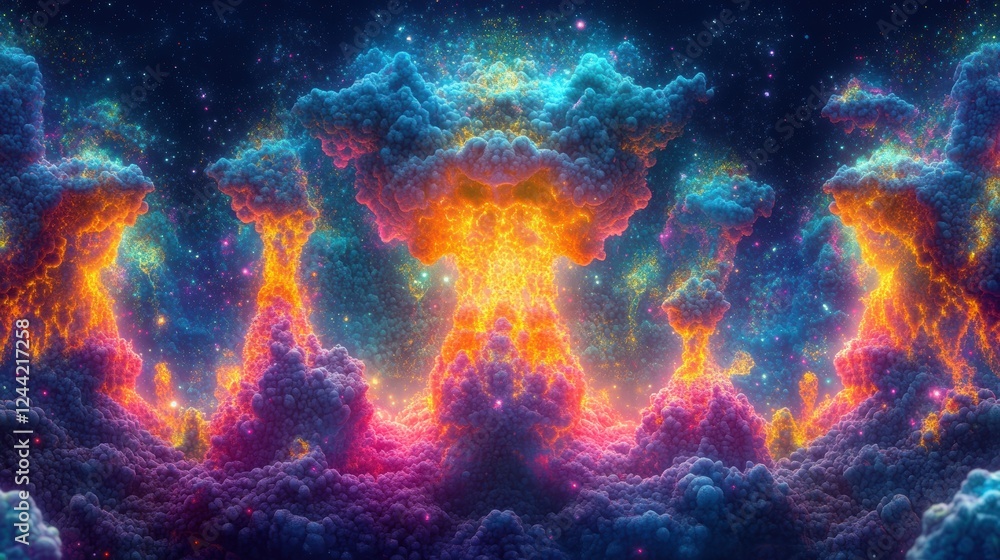 Fototapeta premium A vibrant cosmic explosion with colorful clouds and starry background.