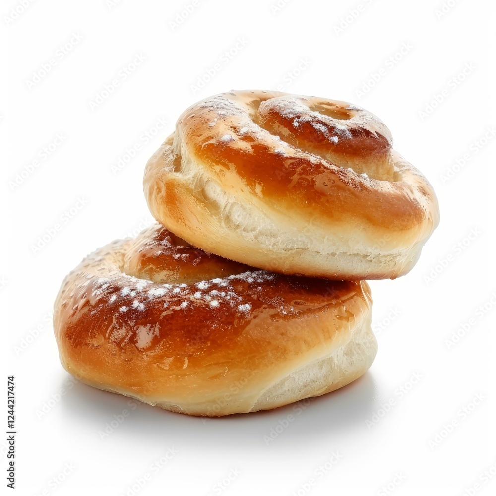 Two delicious spiral buns covered with icing sugar, creating a tempting treat Two delicious spiral buns covered with icing sugar, creating a tempting treat