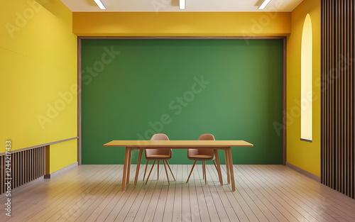 A photo of a yellow virtual empty room background with a window for online presentations and Zoom meetings. 
