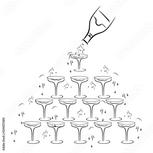 Pyramid of glasses with champagne. Hand drawn vector illustration.