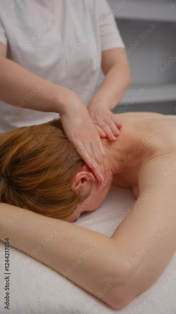 Female therapist performing back massage on client in beauty salon. Scene represents relaxation, wellness, and therapeutic care, highlighting the benefits professional body treatments. Vertical video Female therapist performing back massage on client in beauty salon. Scene represents relaxation, wellness, and therapeutic care, highlighting the benefits professional body treatments. Vertical video