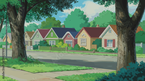 Suburban Street with Houses and Trees
