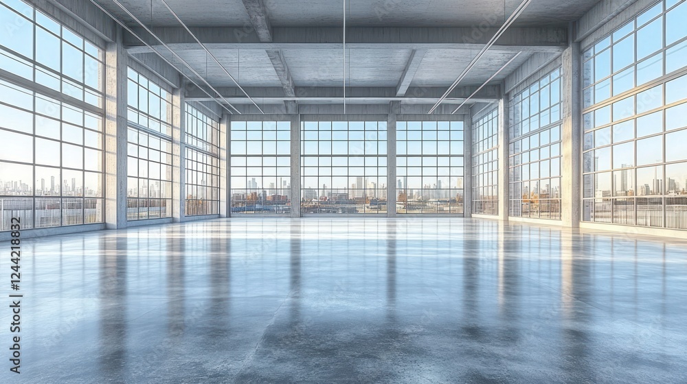 Empty loft, city view, sunrise, industrial, space, design Empty loft, city view, sunrise, industrial, space, design