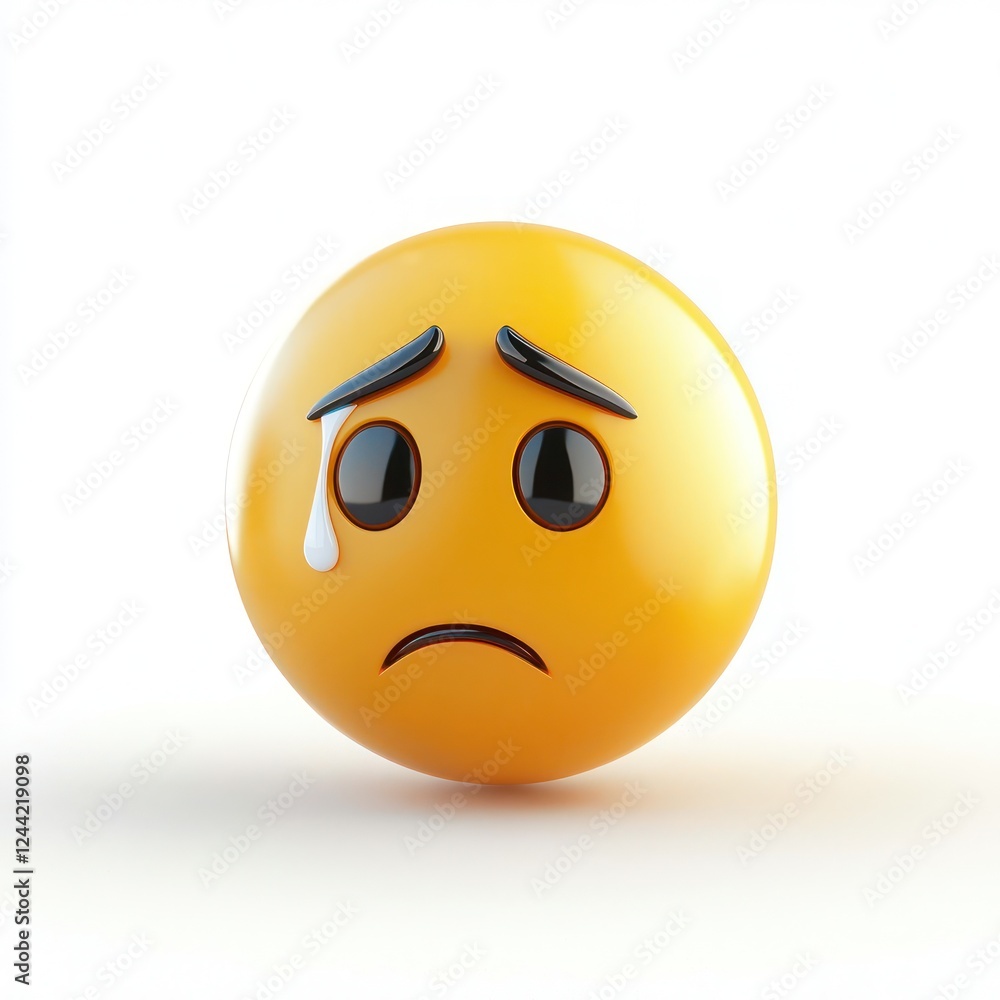 Fototapeta premium Yellow emoji, sad face, teardrop, 3D rendering, glossy surface, expressive eyes, furrowed brows, round shape, emotional icon, digital art, high detail, studio lighting, white background, minimalist de