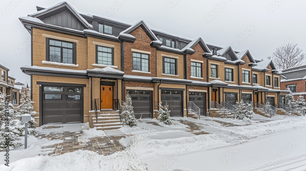 Snowy townhouse row in winter, showcasing modern architecture and community living Snowy townhouse row in winter, showcasing modern architecture and community living