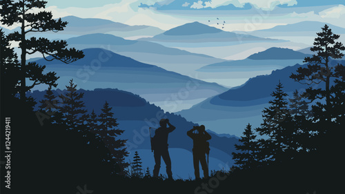 Hikers Observing Mountain Landscape Silhouette