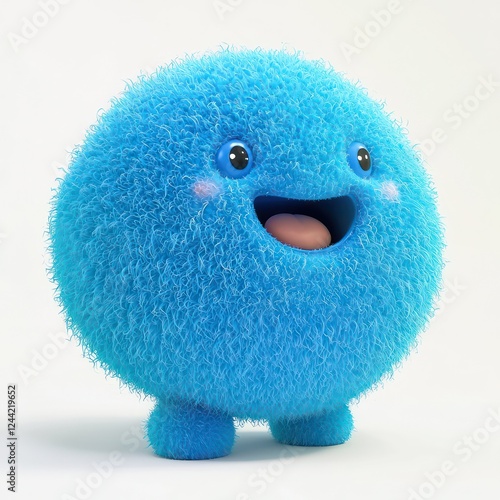 Cute blue fluffy creature, round shape, big smile, tiny feet, cartoon character, soft fur texture, bright blue color, cheerful expression, 3D render, adorable mascot, simple design, kawaii style, play