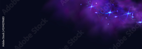 Powerful electrical current energy. Flash of lightning in a magic frame. Neon discharge in smoke effect.