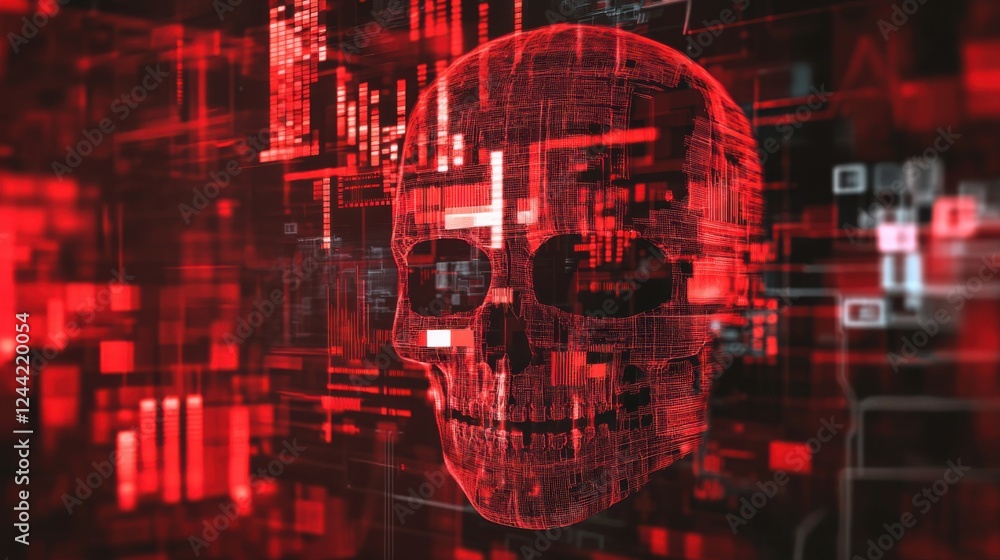 Graphic art digital skull in a cybernetic world with red abstract elements Graphic art digital skull in a cybernetic world with red abstract elements