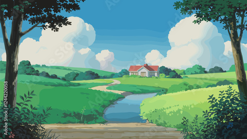 House in Green Landscape Stylized Illustration