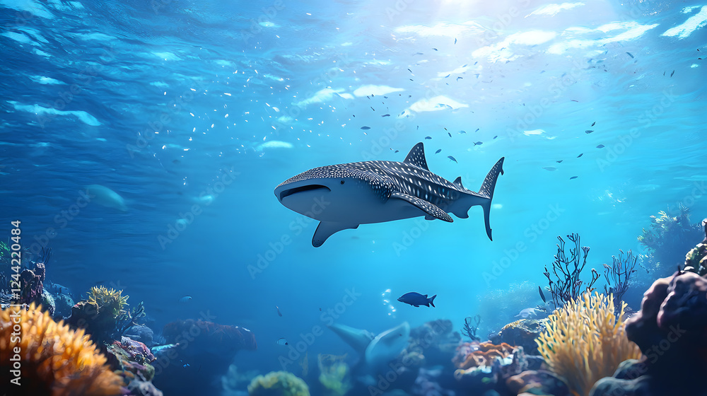 Fototapeta premium Giant Shark Powerfully Navigating the Ocean Depths 