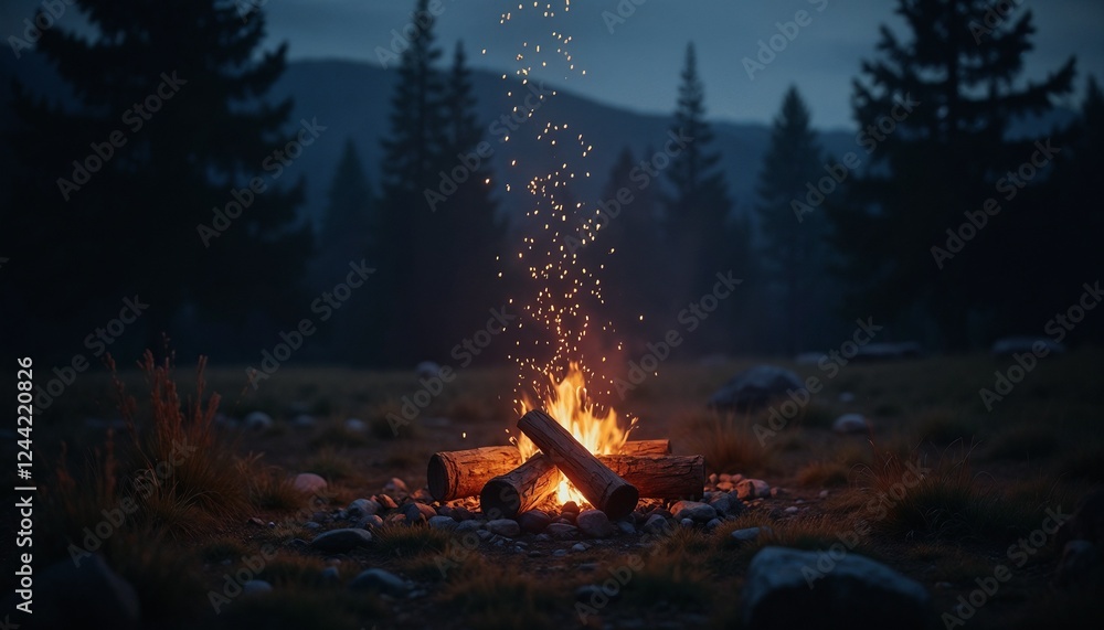 A campfire in a clearing, with sparks rising into the night sky, surrounded by deep shadows and faint silhouettes of trees, calm and serene wilderness vibe