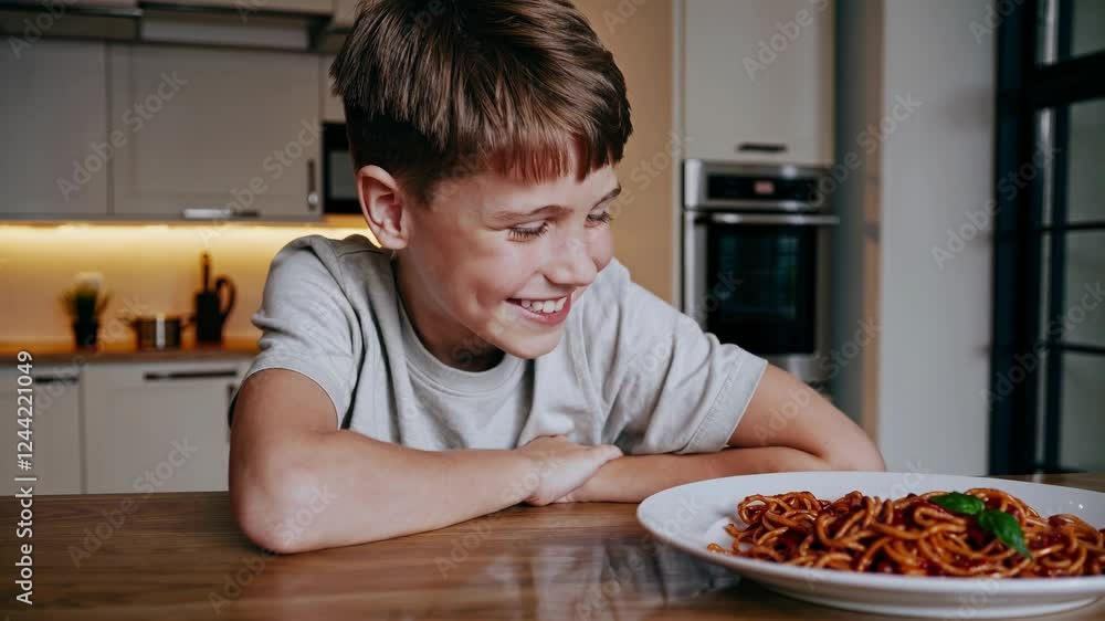 Boy enjoying dinner in cozy kitchen Boy enjoying dinner in cozy kitchen