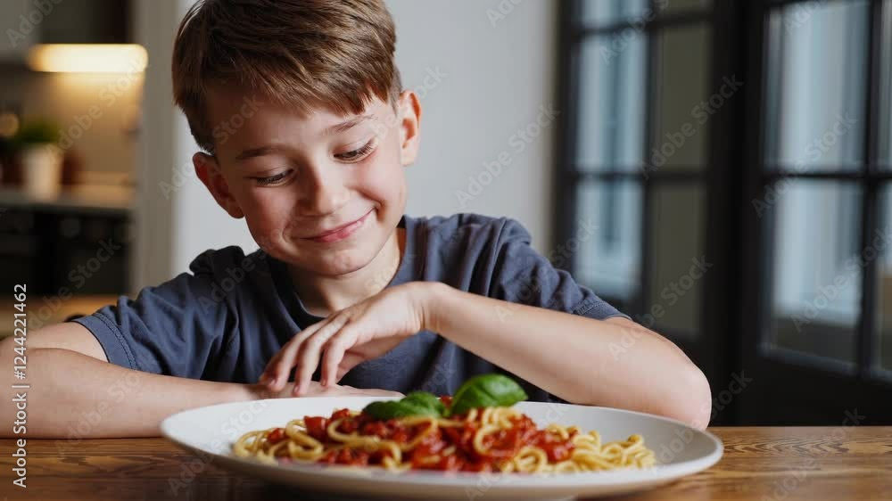 Cheerful young boy enjoying pasta Cheerful young boy enjoying pasta