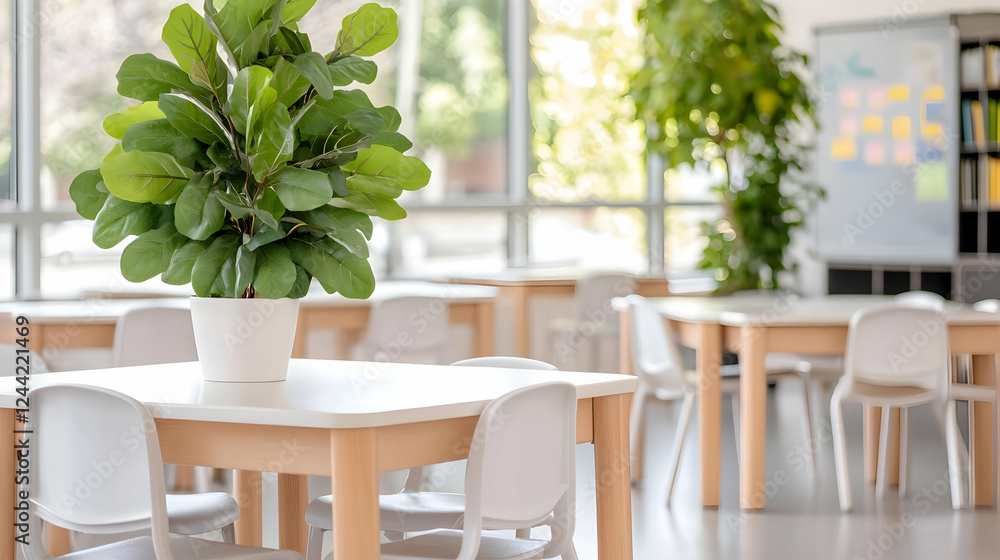 Fototapeta premium Modern classroom interior, plants, tables, chairs, sunlight
