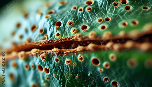 a close up of a leaf with many holes