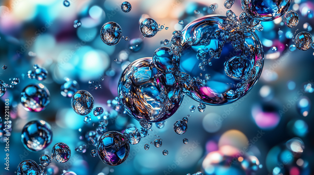 Abstract blue bubbles floating in water with reflections Abstract blue bubbles floating in water with reflections