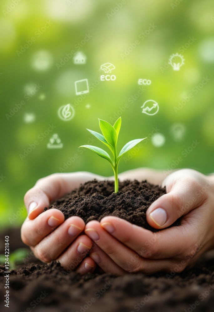 Human hands holding soil with green sprout surrounded by eco icons on blurred nature background. Environmental protection and sustainability concept with copy space