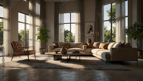 Bright modern living room with large windows, natural light, sectional sofa, and accent chair in a stylish interior