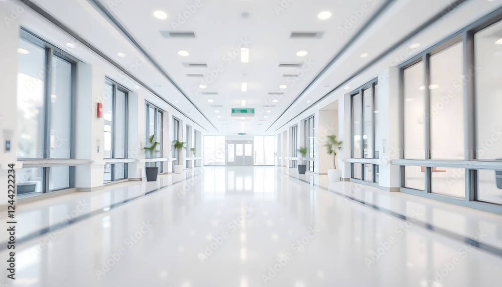 Modern and bright hospital corridor with clean white floors, large windows, and natural light, showcasing a sterile and welcoming healthcare environment Modern and bright hospital corridor with clean white floors, large windows, and natural light, showcasing a sterile and welcoming healthcare environment