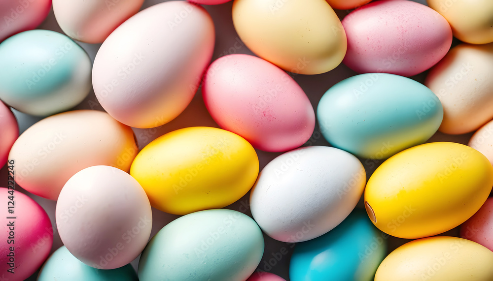 Colorful pastel candy-coated almonds in a close-up view, showcasing a vibrant assortment of pink, yellow, blue, and white candies for Easter or party treats Colorful pastel candy-coated almonds in a close-up view, showcasing a vibrant assortment of pink, yellow, blue, and white candies for Easter or party treats