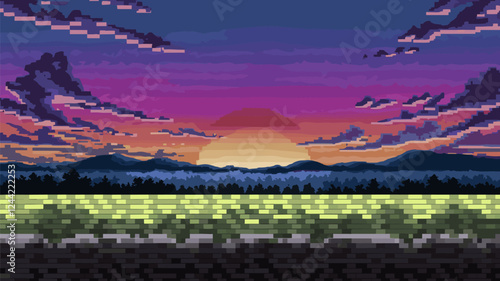 Pixel Art Sunset Mountain Landscape