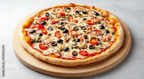 Wallpaper Mural Photo of a pizza on an old wooden board with space for text, on the right side. On a light gray background with copy space, top view, flat lay.  Torontodigital.ca