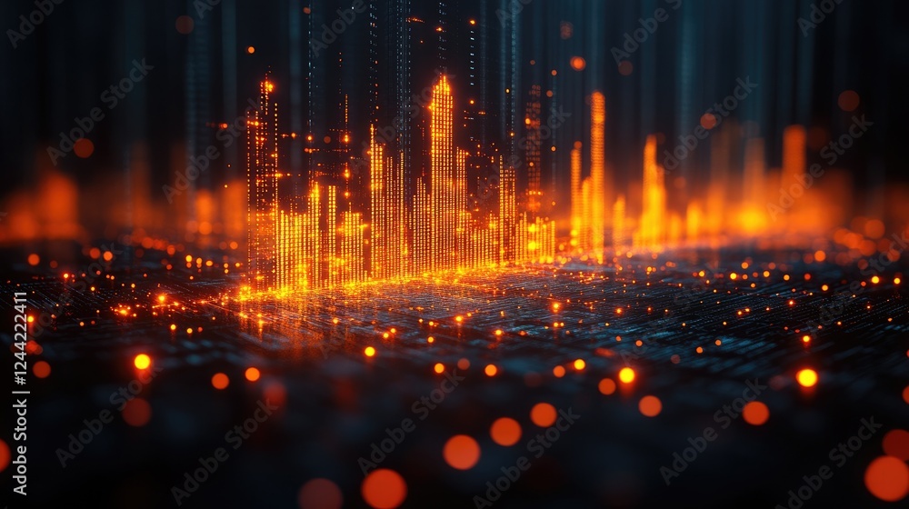 Fototapeta premium Abstract digital visualization with glowing orange elements representing data or technology.