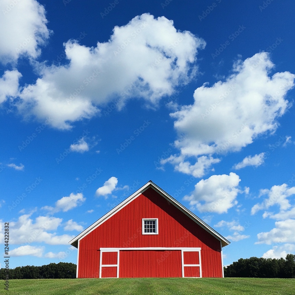 Bright red barn stands against a vivid blue sky with fluffy clouds in a rural landscape during daytime Bright red barn stands against a vivid blue sky with fluffy clouds in a rural landscape during daytime