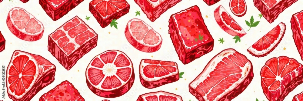 Hand-drawn seamless pattern of various cuts of meat, texture pattern, cooked Hand-drawn seamless pattern of various cuts of meat, texture pattern, cooked