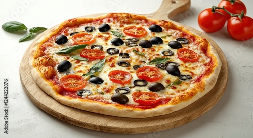 Wallpaper Mural Photo of a pizza on an old wooden board with space for text, on the right side. On a light gray background with copy space, top view, flat lay.  Torontodigital.ca