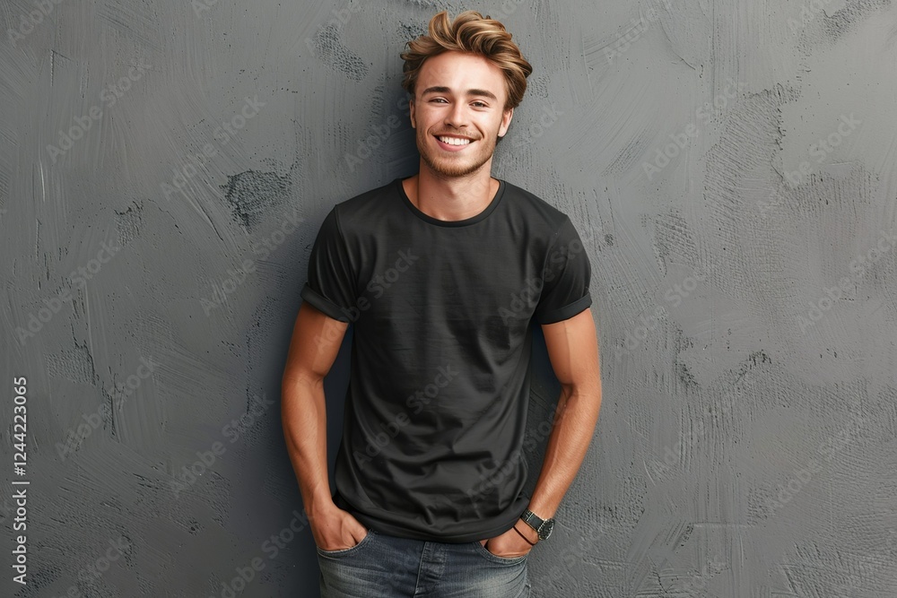 Obraz premium Handsome young man in black t-shirt smiling confidently