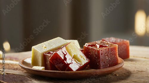 Guava jam with sliced white ​​cheese on the table. Romeo e Julieta, a typical Brazilian sweet. photo