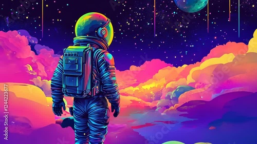 Colorful Cartoon Astronaut Warrior in Spacesuit with Gun Animated 2D Graphics on Moon Night