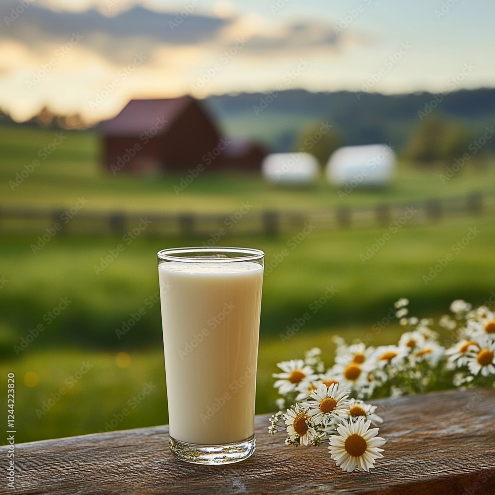 Creamy milk glass beside fresh daisies in a peaceful green countryside during sunset Creamy milk glass beside fresh daisies in a peaceful green countryside during sunset