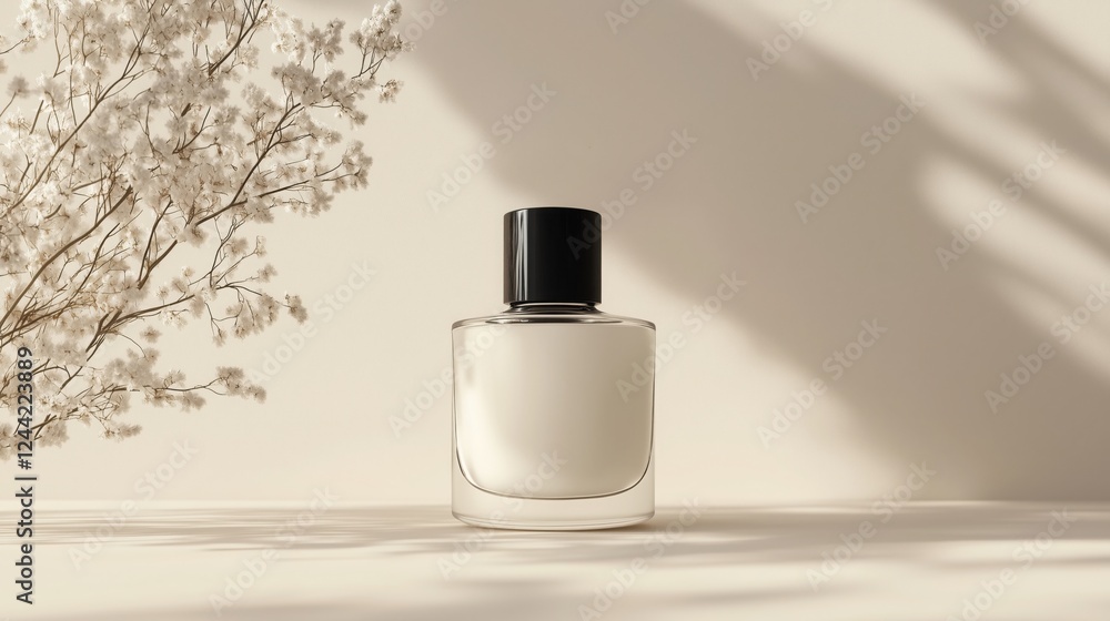 bottle of perfume with a black cap, isolated on a light background, in a frontal view bottle of perfume with a black cap, isolated on a light background, in a frontal view