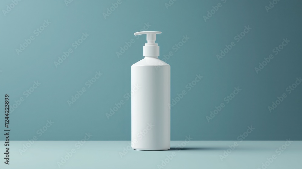 A white bottle with a pump head for shampoo, front view, simple background, high-end texture A white bottle with a pump head for shampoo, front view, simple background, high-end texture