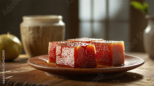 Guava jam with sliced white ​​cheese on the table. Romeo e Julieta, a typical Brazilian sweet. photo