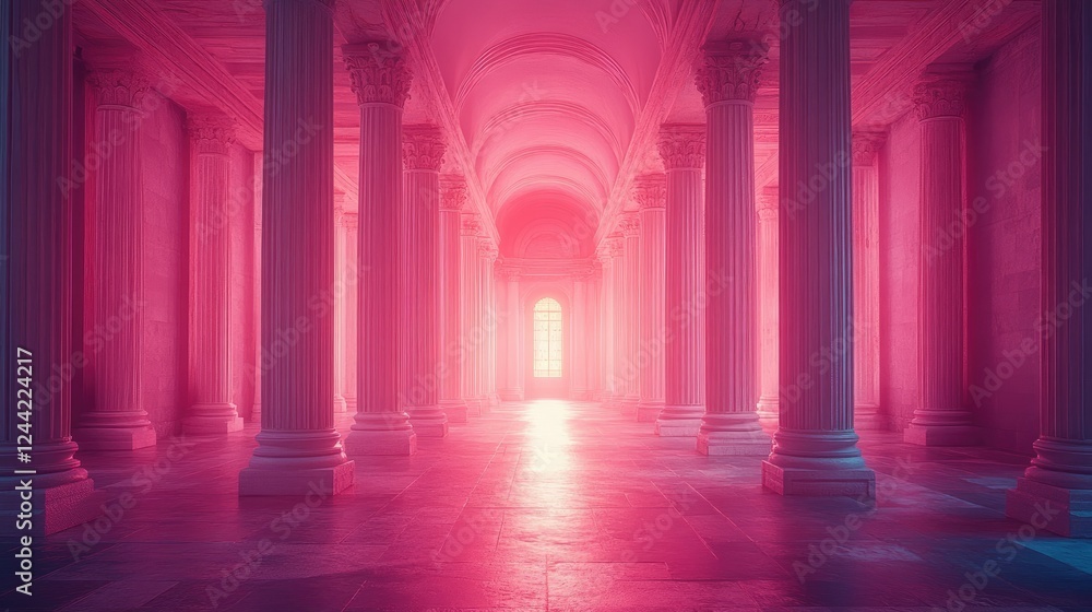 A vibrant, ethereal corridor with columns and soft pink lighting. A vibrant, ethereal corridor with columns and soft pink lighting.